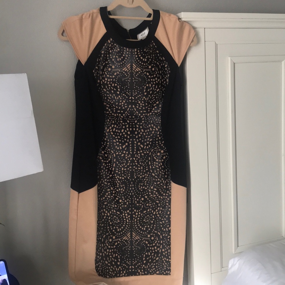 Eci New York tan black leather dress